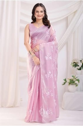 Embroidered Jam satin Pink Saree with Blouse SR28172