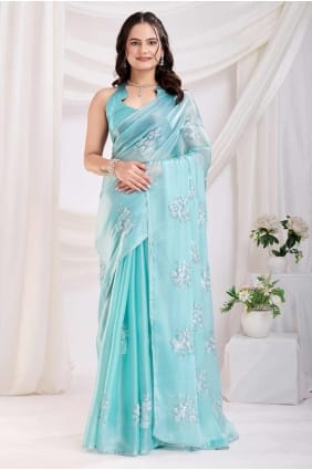 Embroidered Jam satin Sea green Saree with Blouse SR28175