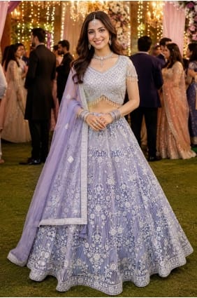 Embroidered Net Lehenga Choli in Lavender LC9046