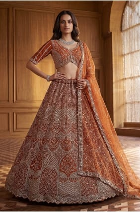 Orange Embroidered Lehenga Choli in Net LC9039