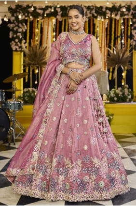 Satin Lehenga Choli in Pink with Embroidered LC8751