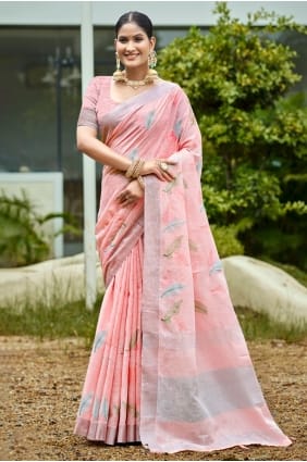 Pink Saree with Embroidered Linen SR29397