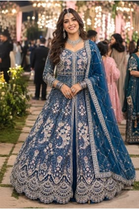 Teal Anarkali Suit in Embroidered Net AS4357
