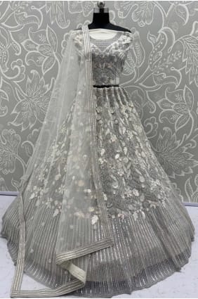 Net Lehenga Choli with Embroidered in White LC8763