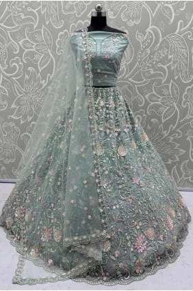 Sea Green Net Lehenga Choli with Embroidered LC8797