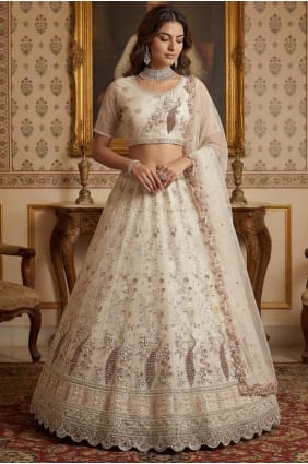 White Embroidered Wedding Lehenga Choli in Net LC8938