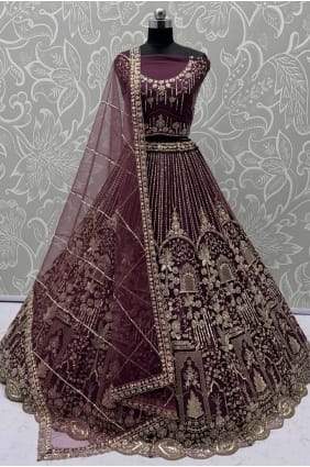 Embroidered Lehenga Choli in Wine Net LC8794