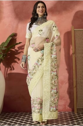 Light yellow Embroidered Organza Saree SR29255