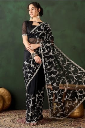 Black Embroidered Party Wear Saree in Organza SR29309