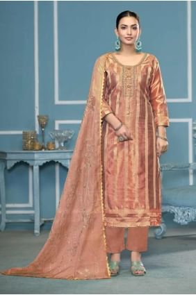 Embroidered Organza Peach Straight Pant Suit with Dupatta SK155324