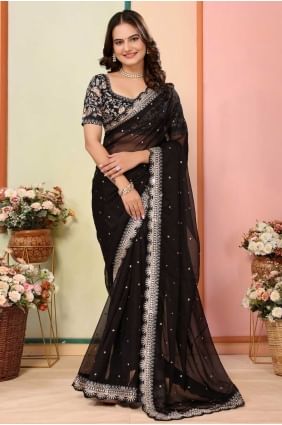 Affordable Black Saree in Embroidered Organza SR28689