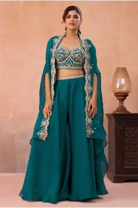 Teal Organza Embroidered Palazzo Suit with Dupatta PZ4504