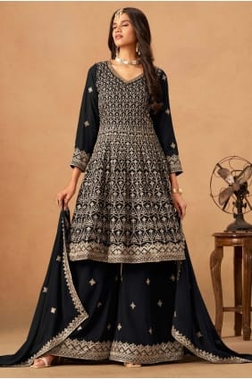 Embroidered Palazzo Suit in Black Faux georgette PZ4206
