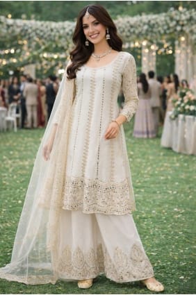 Embroidered Chinon chiffon Palazzo Suit in Off white PZ4399