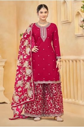 Embroidered Palazzo Suit in Pink Silk PZ4132