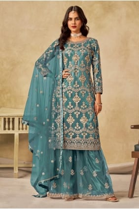 Embroidered Net Palazzo Suit in Sea green PZ4225