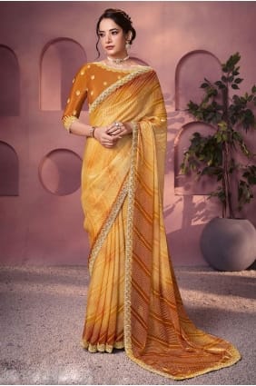 Satin Saree in Yellow with Embroidered,printed SR29060