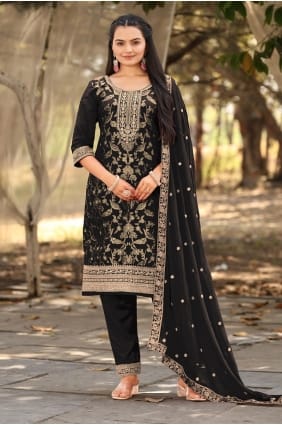 Black Viscose Embroidered Eid Salwar Kameez with Dupatta SK155933