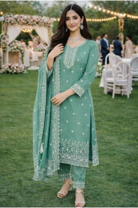 Silk Salwar Kameez with Embroidered in Green SK15681