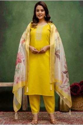 Cotton blend Salwar Kameez with Embroidered in Lemon SK155680