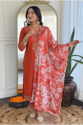 Embroidered Salwar Kameez in Orange Viscose SK155363