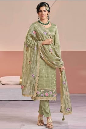 Embroidered Silk Salwar Kameez in Pista SK15887