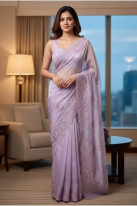 Lavender Embroidered Satin Saree SR29910
