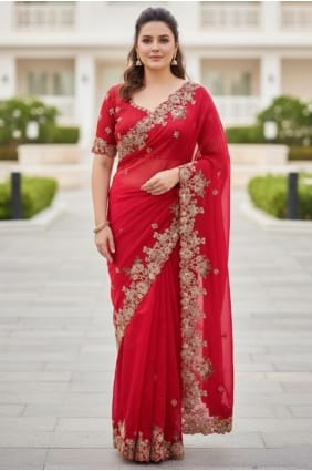 Embroidered Chiffon Saree in Red SR29638