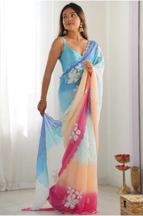 Designer Georgette Embroidered Sky blue Saree with Blouse SR28698