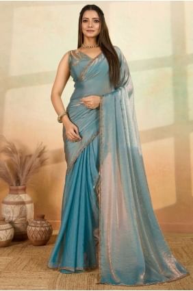 Premium Embroidered Satin Saree in Sky blue SR28703