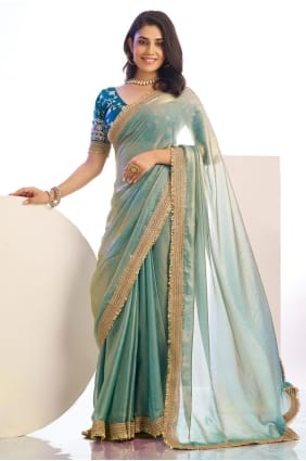 Satin Embroidered Aqua Saree with Blouse SR29765