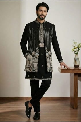 Satin Black Men Kurta in Embroidered KURR255