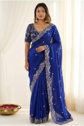 Royal blue Embroidered Satin Party Wear Saree SR30106