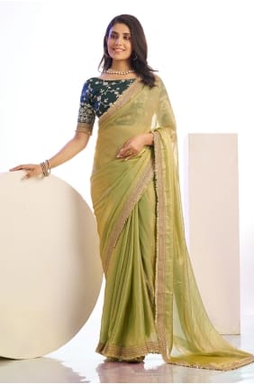 Satin Embroidered Pista Saree with Blouse SR29763