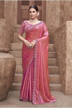 Embroidered Satin Saree in Gajari SR28048