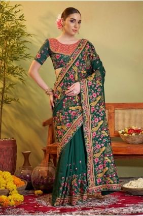 Embroidered Satin Saree in Green with Blouse SR28243