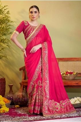 Embroidered Satin Saree in Pink with Blouse SR28242