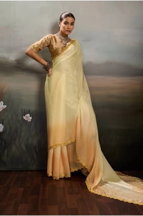Yellow Saree in Embroidered Satin SR30034