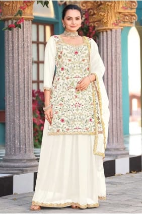 Embroidered Georgette Sharara Suit in Off white SS1282