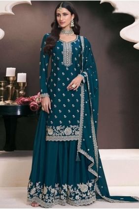 Embroidered Sharara Suit in Teal blue Chiffon SS1252