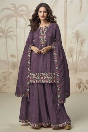 Wine Shimmer Palazzo Suit with Embroidered PZ4181