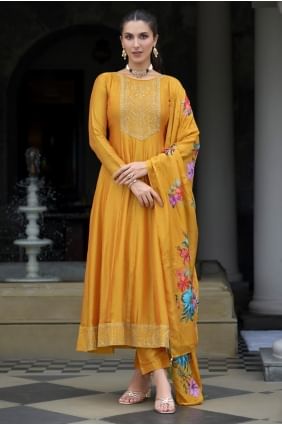 Embroidered Silk Anarkali Suit in Mustard with Dupatta AS4125