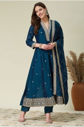 Silk Embroidered Teal Anarkali Suit with Dupatta AS4239