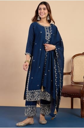 Palazzo Kurti in Blue Silk with Embroidered PZ4496