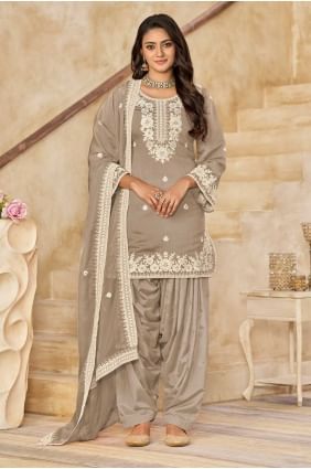 Silk Patiala Suit with Embroidered in Grey PS2428