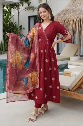 Salwar Kameez in Maroon Silk with Embroidered SK159103