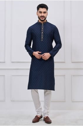 Navy blue Silk Embroidered Men Kurta with Dupatta KURR260