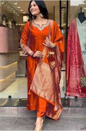 Embroidered Silk Orange Straight Pant Suit with Dupatta SK155614