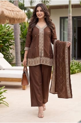 Coffee Silk Embroidered Palazzo Suit with Dupatta PZ4461