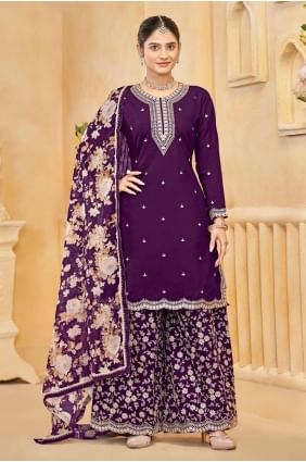 Embroidered Silk Palazzo Suit in Purple with Dupatta PZ4130